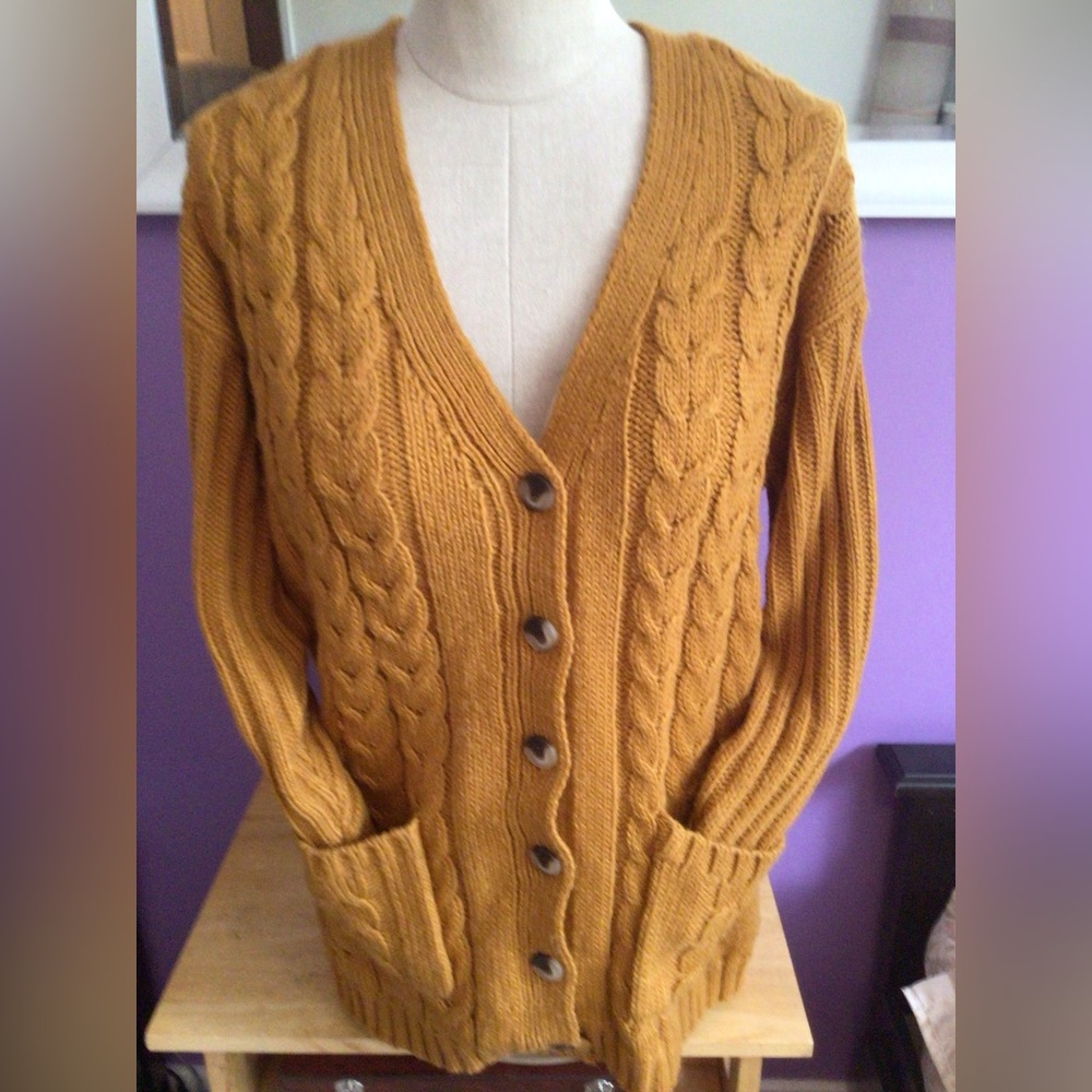 Mustard Cable-Knit Button Front Women's Cardigan Sweater